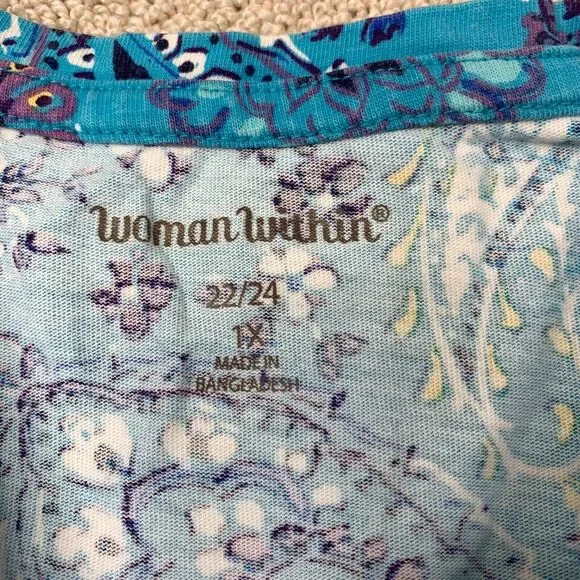 Woman Within Knit Top Women's 22/24 Short Sleeve Blue Paisley Crew Neck Cotton - Picture 3 of 9